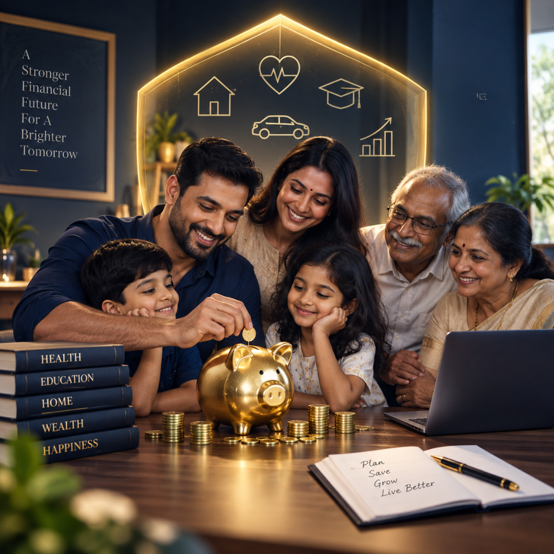 A family protected by a golden shield against financial risks