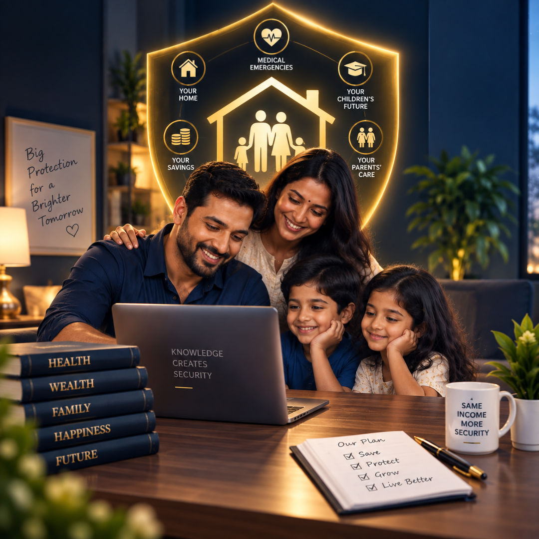 A family protected by a golden shield against financial risks