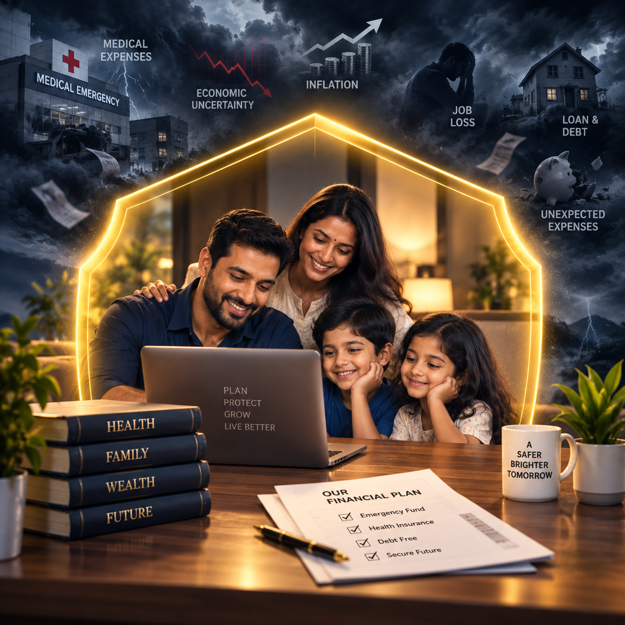 A family protected by a golden shield against financial risks